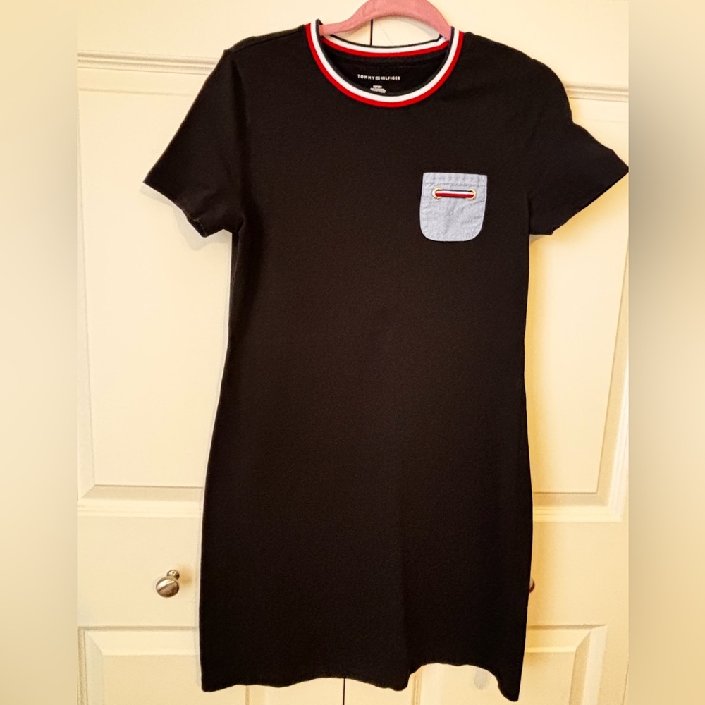 Black Crewneck Pocket T-Shirt Dress with Red Trim